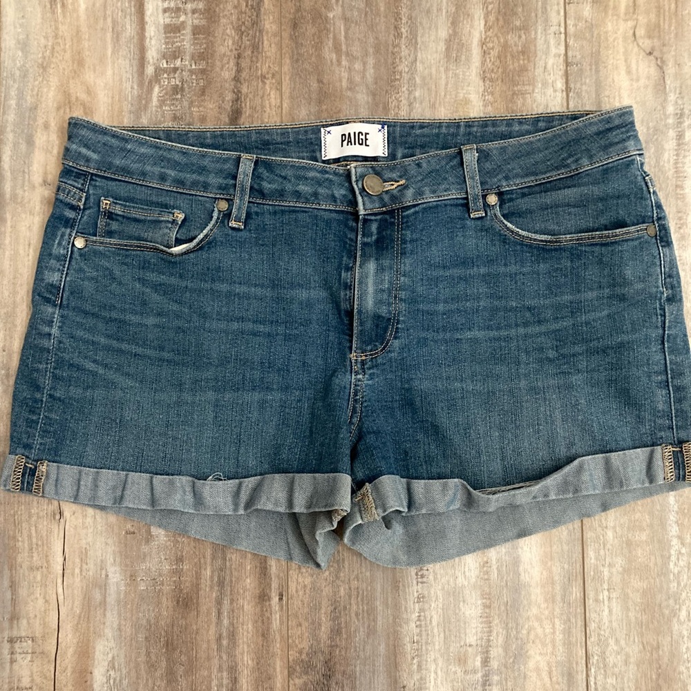 PAIGE Medium Blue Denim Rolled Hem Jean Shorts